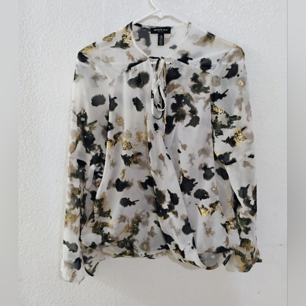 Kenneth Cole Multicolored Long Sleeve Tie Front Blouse